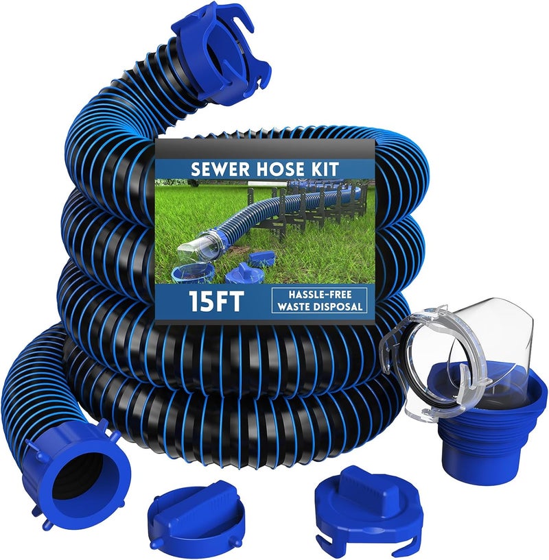 DUMPMAN RV Sewer Hose 15 FT, Sewer Hose for RV Camper RV, Sewer Hose Kit with Swivel Fitting - Includes 90 Degree Clear View Sewer Adapter, and 2 Storage Caps - Image 1